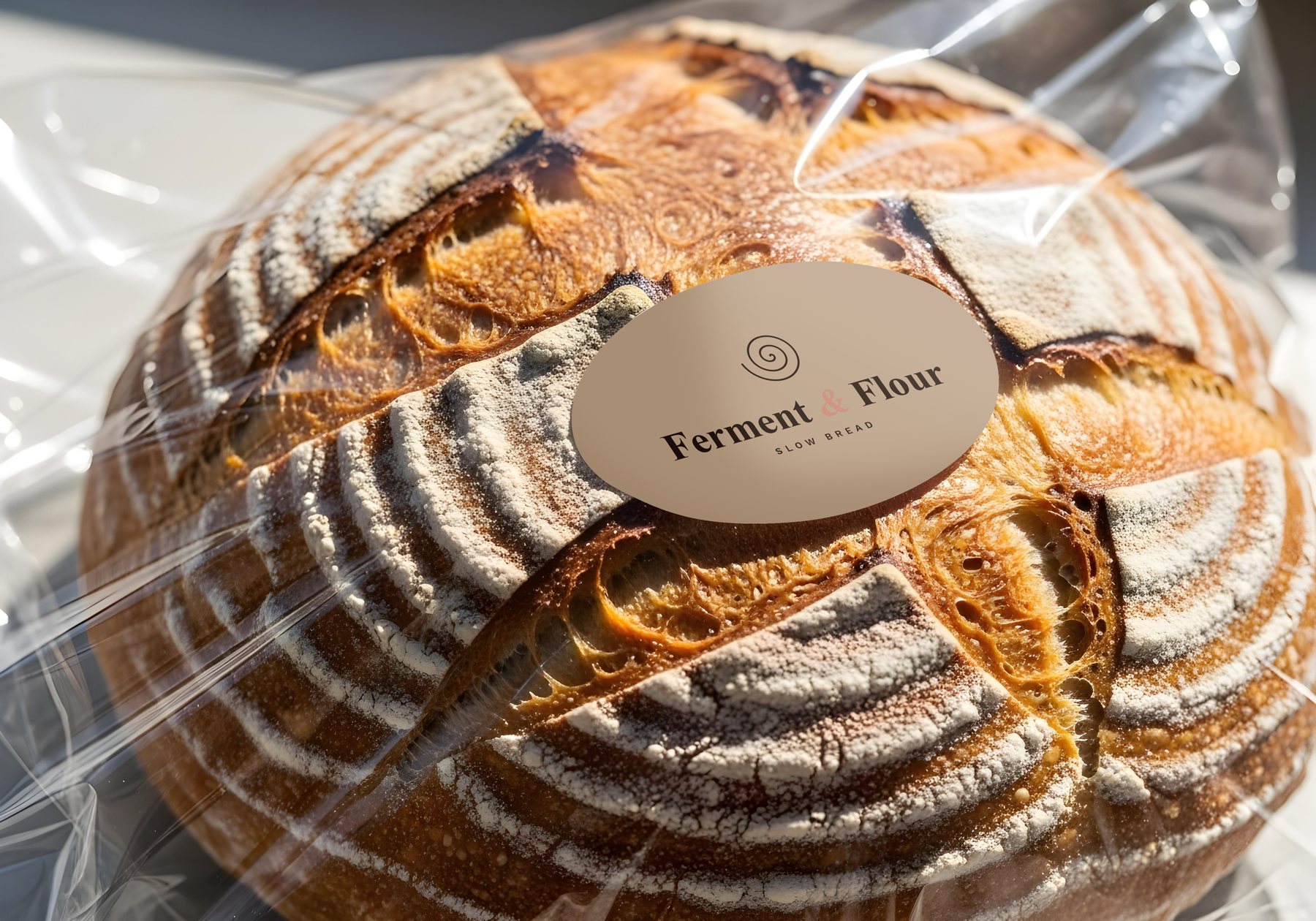 Naturally leavened sourdough loaf with a spiral score